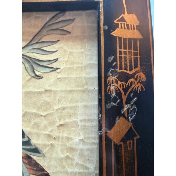 Vintage Asian Art Lacquered Panel Hand-Painted Scene Parrot Butterflies & Grapes - Picture 8 of 10